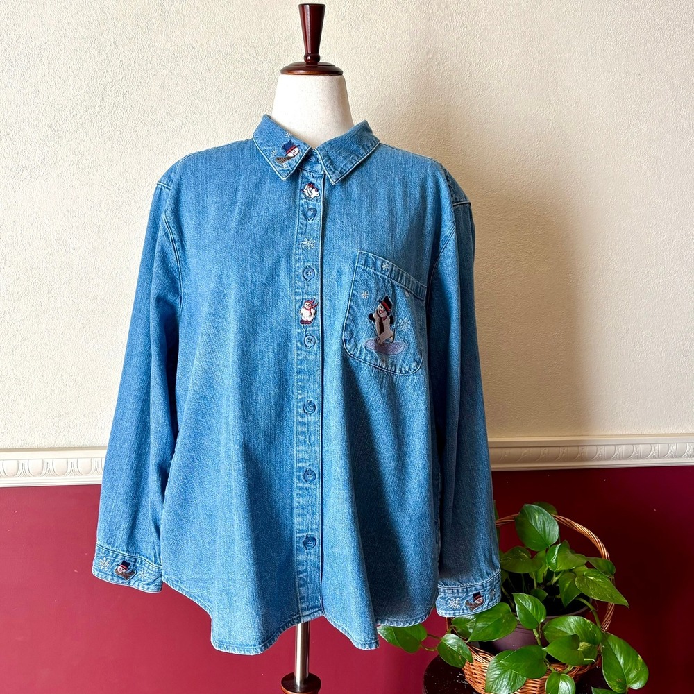 Vintage CJ Banks Denim Snowman Embroidered Button Down Top 2X Winter Blue Cotton
